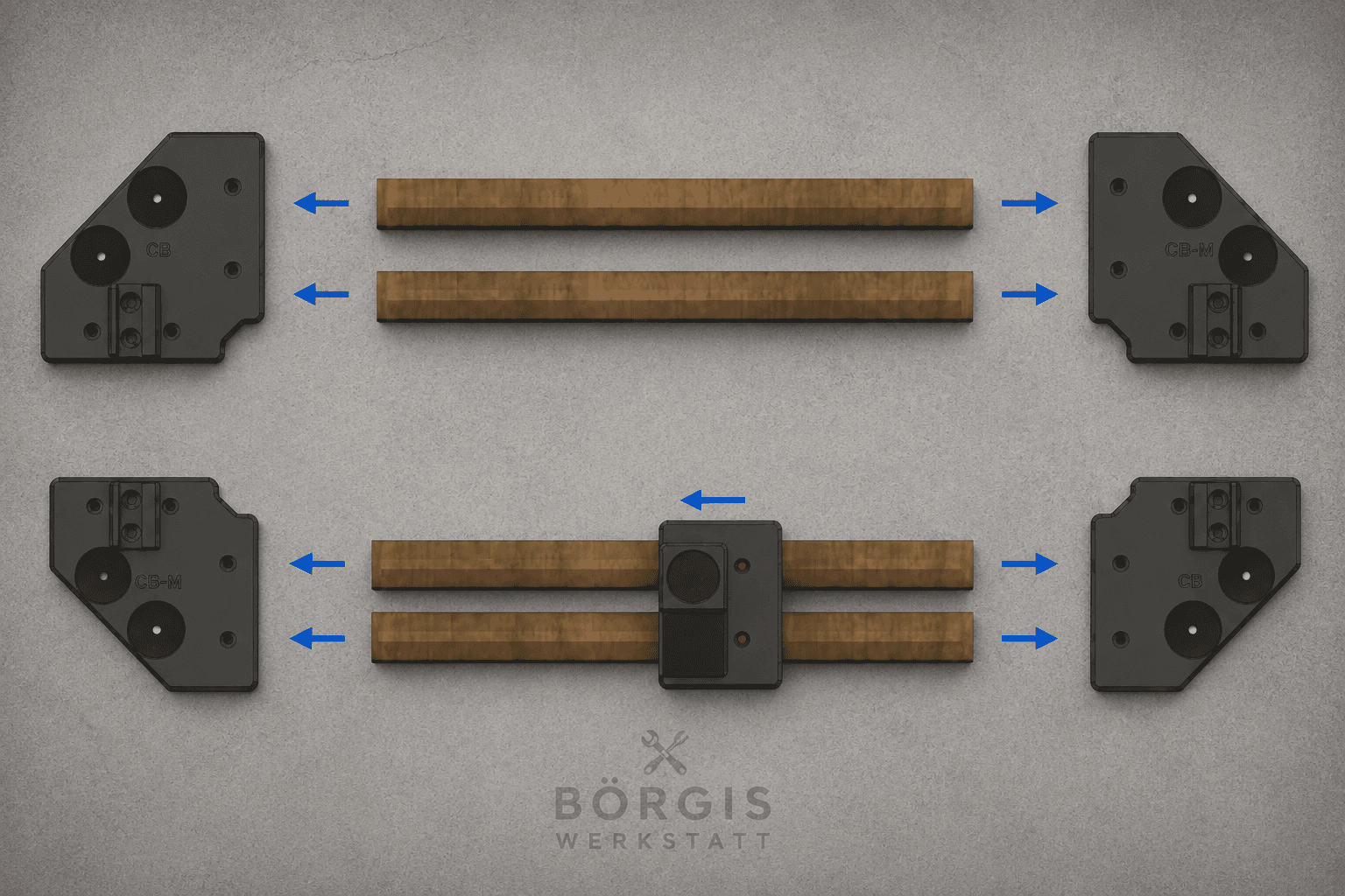 TimberRack Zusammenbau Schritt 1 mit Corner Brackets, Holzstangen und Bottom Load Support