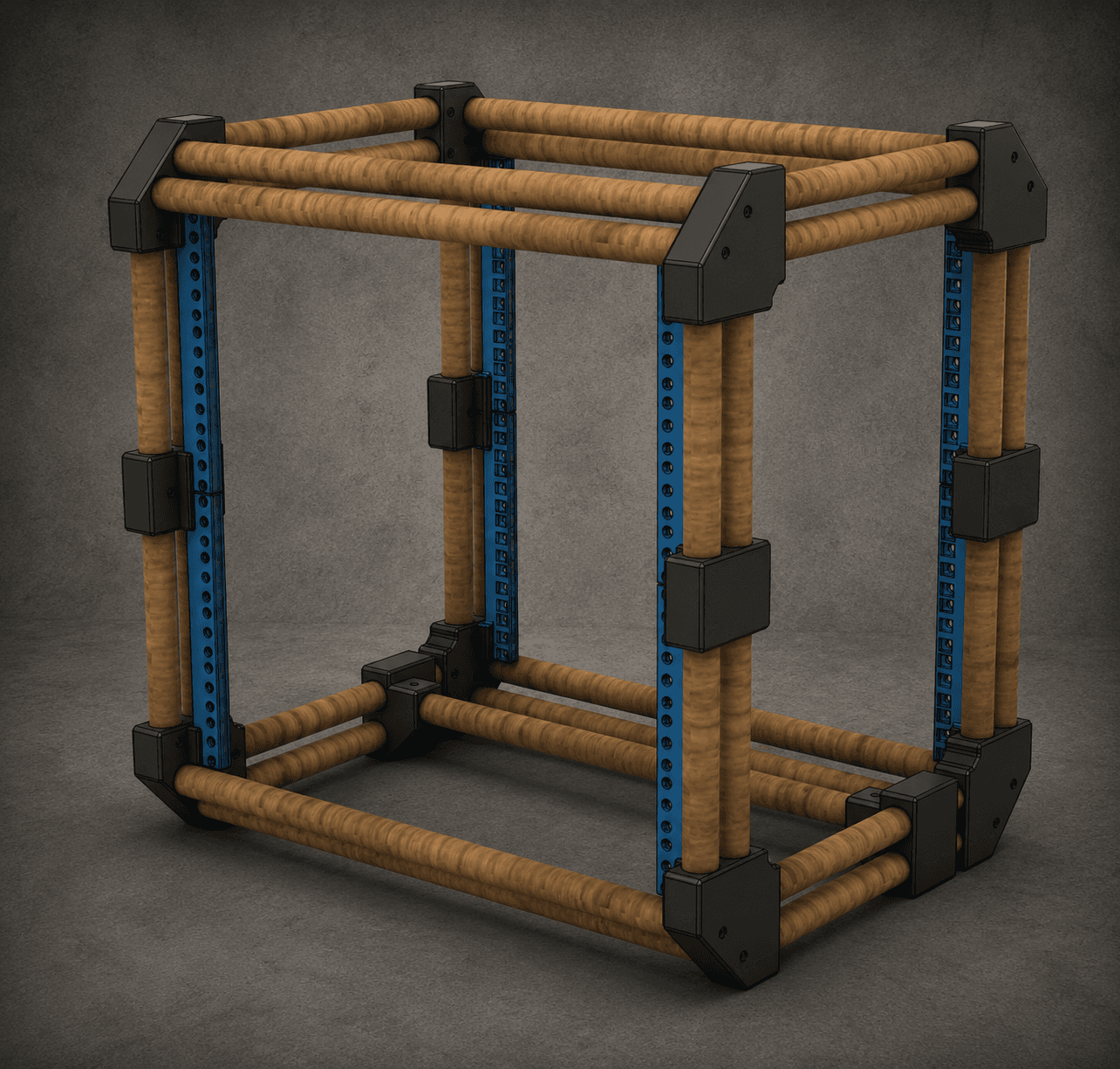 Fertig montierter TimberRack Rahmen mit Holzstangen und blauen Rackschienen