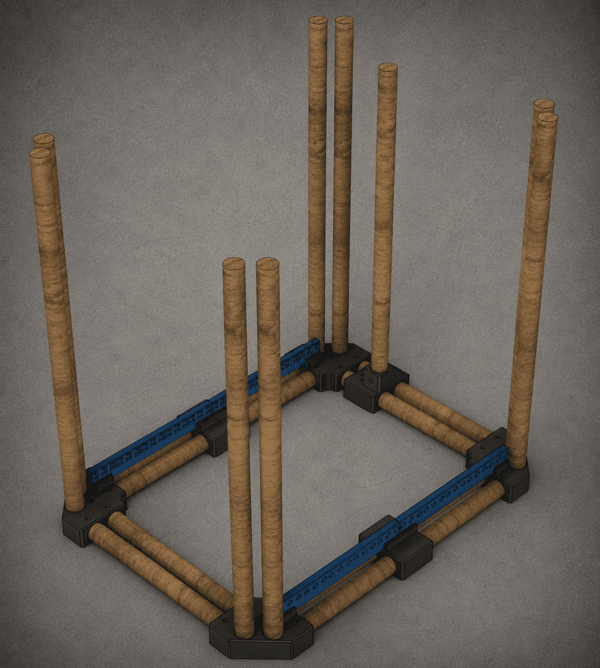 TimberRack Endmontage mit aufgestellten Seitenteilen und unteren Breiten-Holzstangen