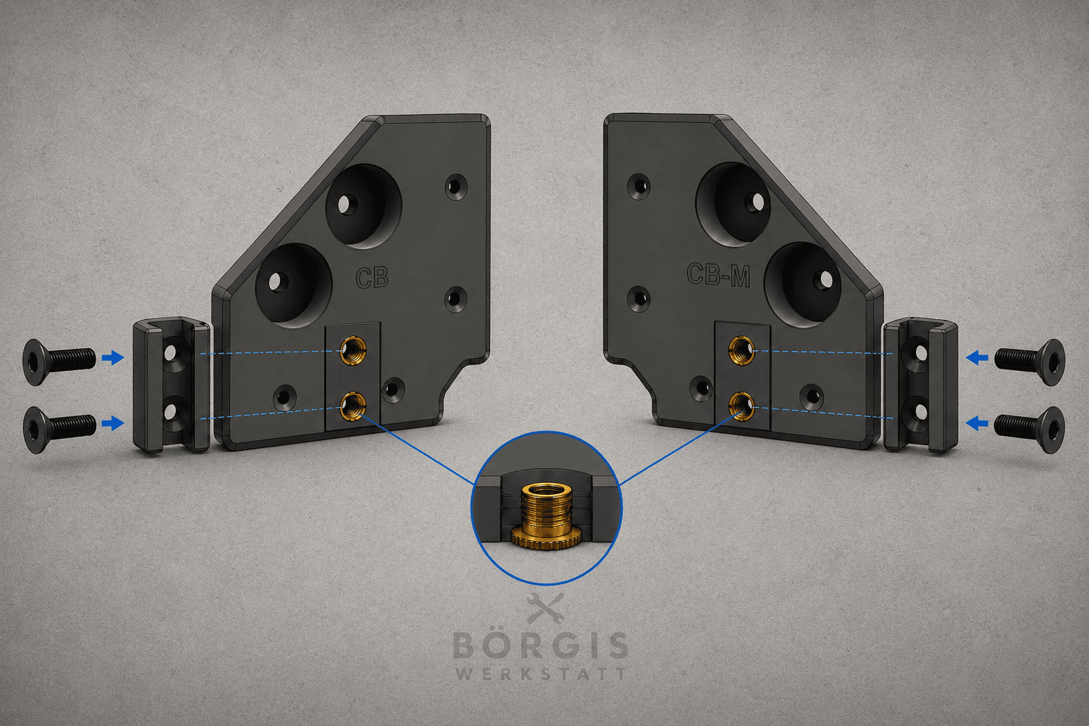 Rail Mount und Rail Mount - Mirrored werden mit M4 x 12 mm Schrauben an passende Corner Brackets befestigt